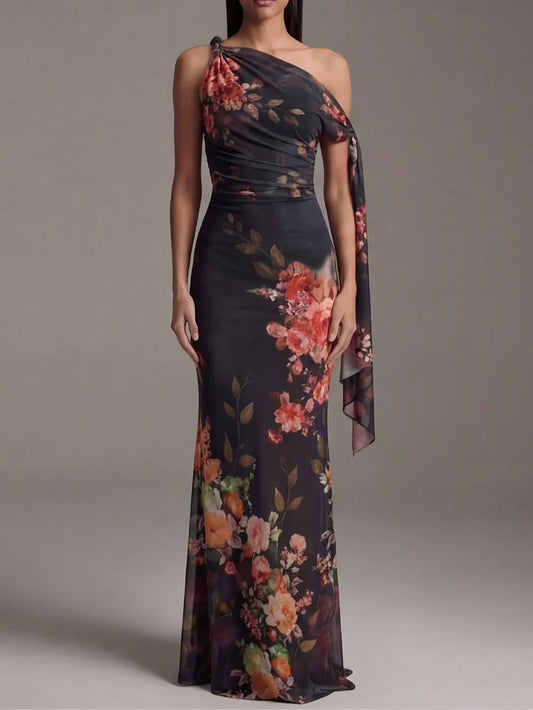 Vestido Maxi Plisado de Chiffon Estampado Negro de Un Solo Hombro