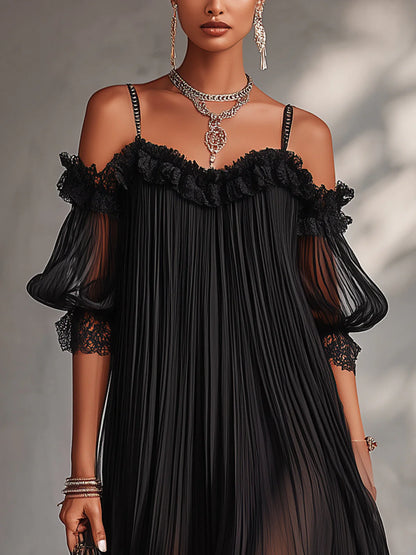 Nora Svart Miniklänning I Chiffong Med Off-shoulder Design Och Spetskant