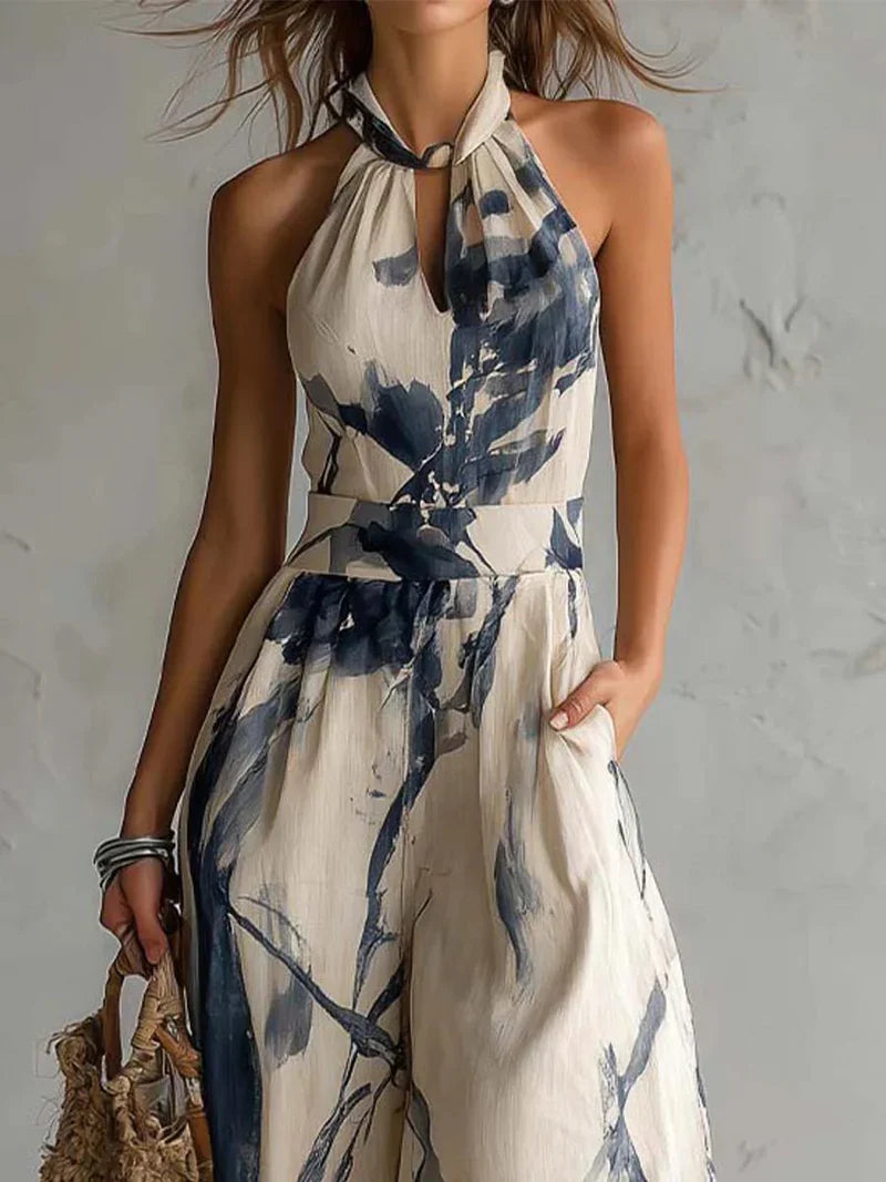 Mono con Escote Halter, Estampado Efecto Tinta, Pernera Ancha y Bolsillos