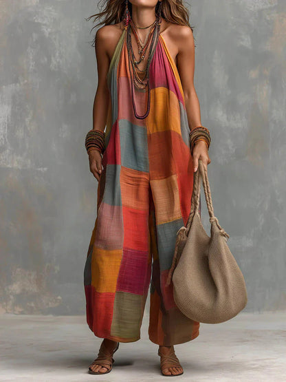 Bohemisk Patchwork Jumpsuit, Fräschör och Frihet i en Unik, Konstnärlig Stil