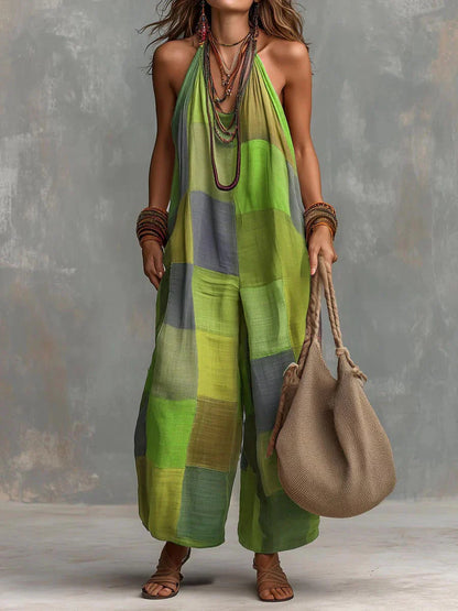 Bohemisk Patchwork Jumpsuit, Fräschör och Frihet i en Unik, Konstnärlig Stil