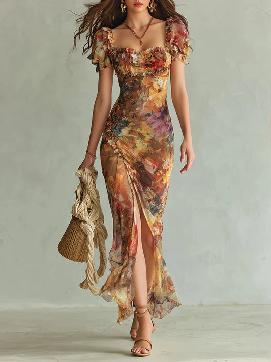 Vestido Maxi de Chiffon con Estampado Bohemio de Inspiración Óleo en Tonos Naranja