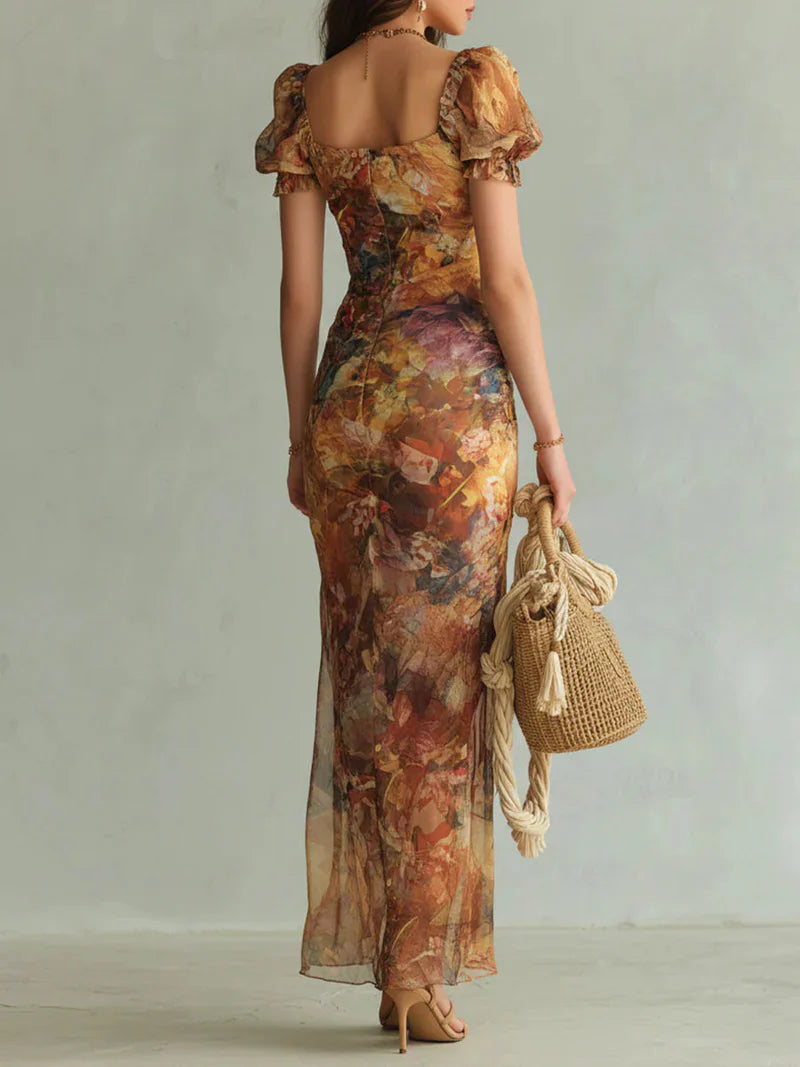 Vestido Maxi de Chiffon con Estampado Bohemio de Inspiración Óleo en Tonos Naranja