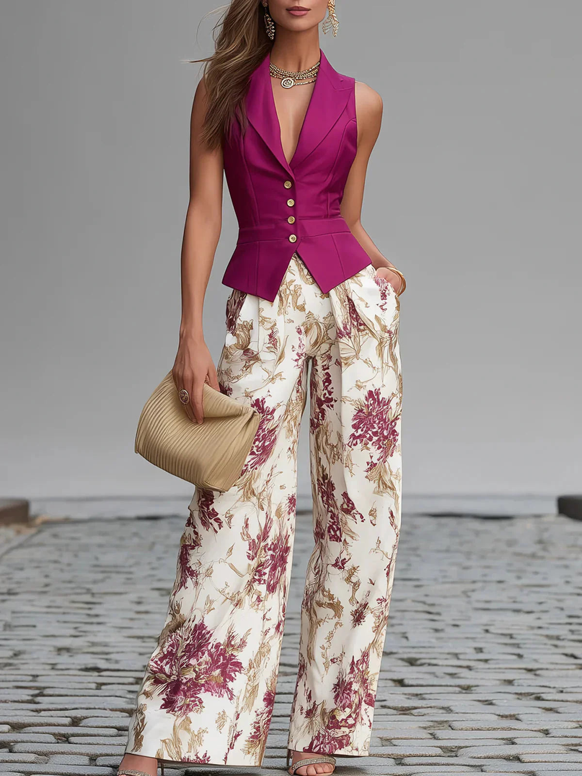 Chaleco Rosa sin Mangas y Pantalón Ancho con Estampado Floral