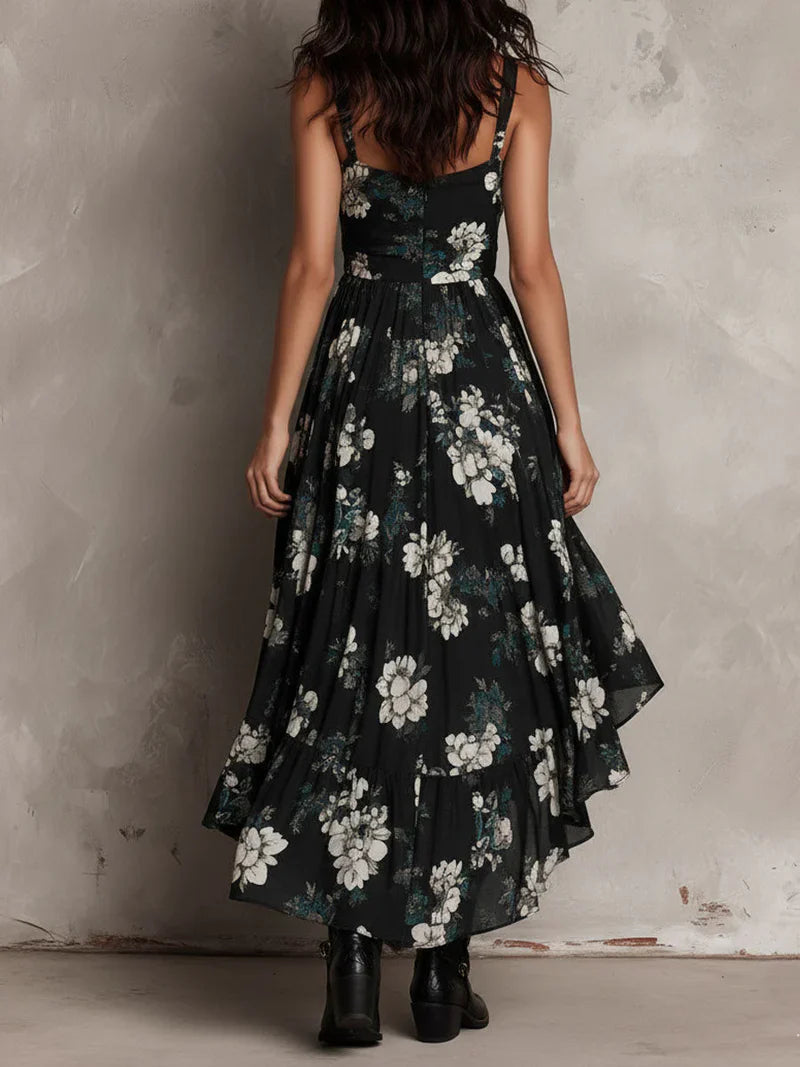 Vestido Maxi Asimétrico sin Tirantes con Estampado Floral Bohemio Negro