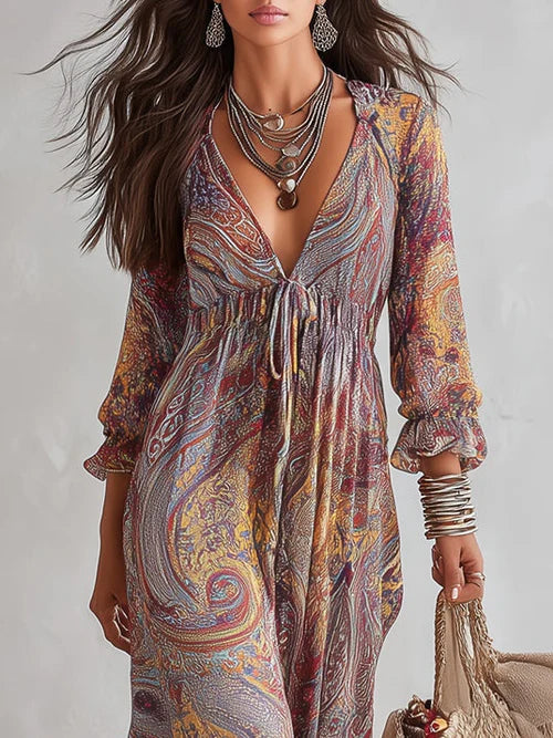 Vestido Maxi de Chiffon con Estampado Paisley y Escote en V