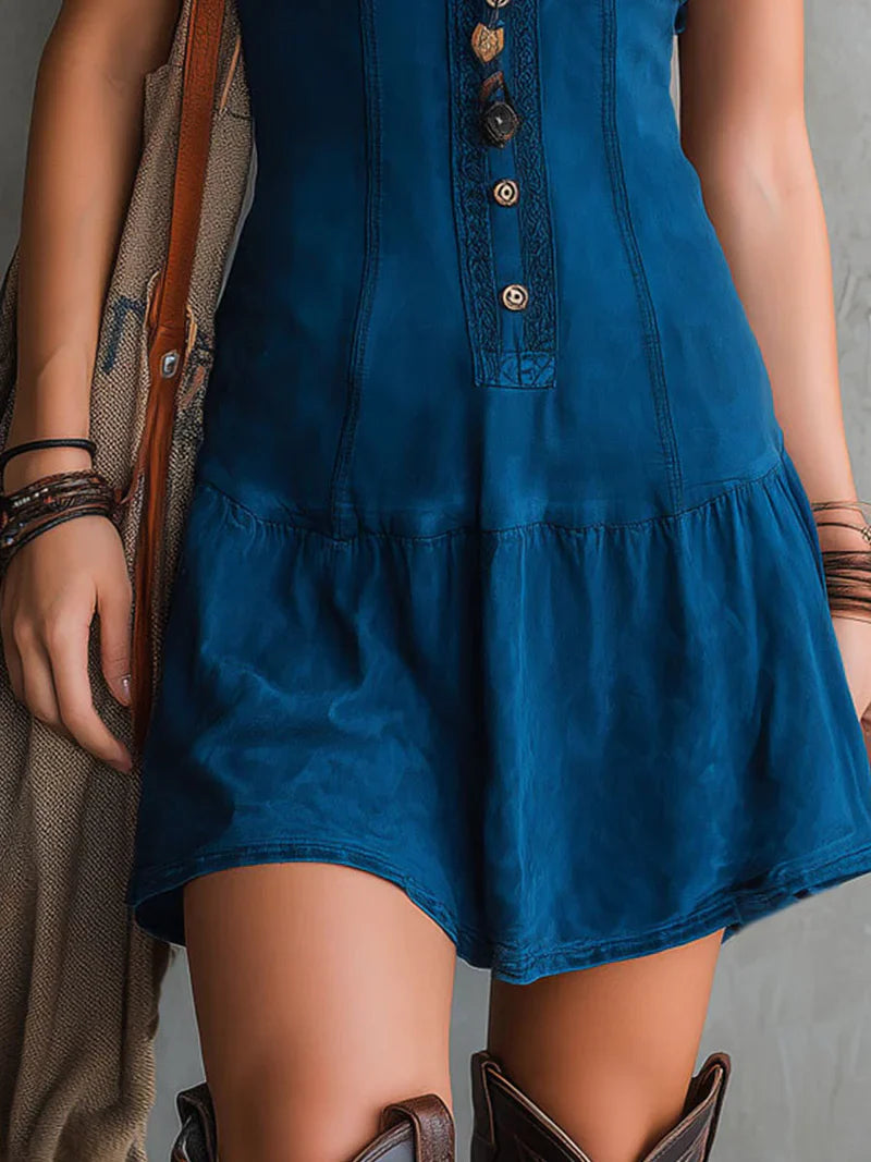 Vestido Mini Bohemio Índigo sin Mangas con Escote en V y Botones