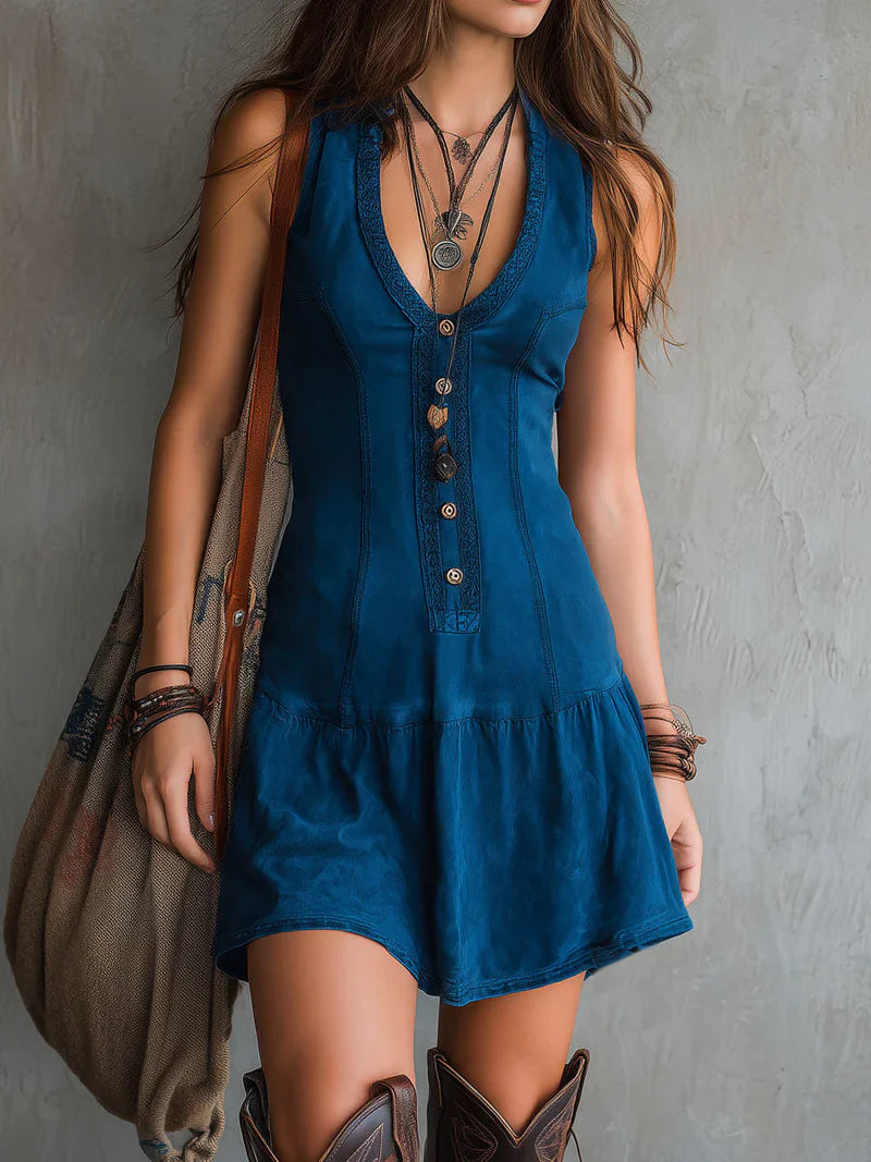 Vestido Mini Bohemio Índigo sin Mangas con Escote en V y Botones