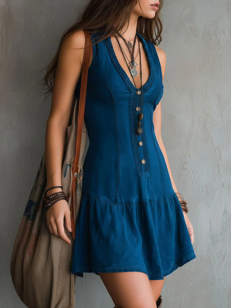 Vestido Mini Bohemio Índigo sin Mangas con Escote en V y Botones