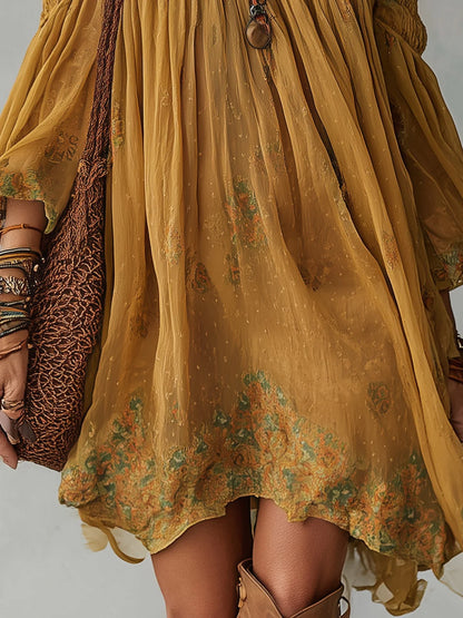 Lova Gul Chiffong Miniklänning Med Blommor Och Off-shoulder Design