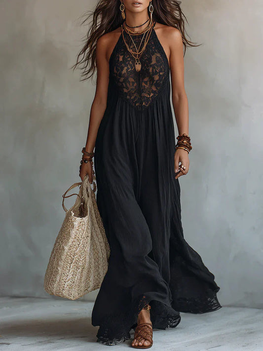 Vestido Maxi Negro Sin Mangas con Detalles de Encaje Bohemio Precio rebajado