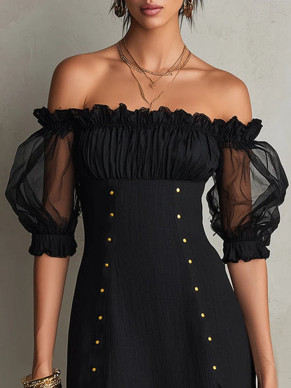 Vera Svart Miniklänning Med Off-shoulder Design, Ballongärmar Och Nitar