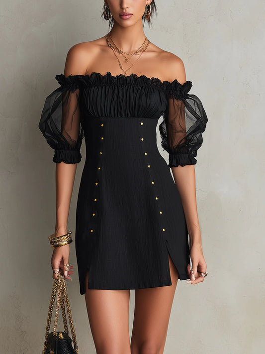 Vera Svart Miniklänning Med Off-shoulder Design, Ballongärmar Och Nitar