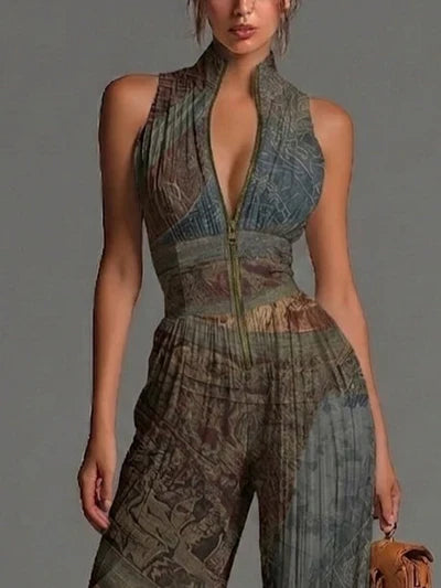 Mono de Chiffon sin Mangas con Estampado Étnico Bohemio, Cremallera y Pernera Ancha Plisada