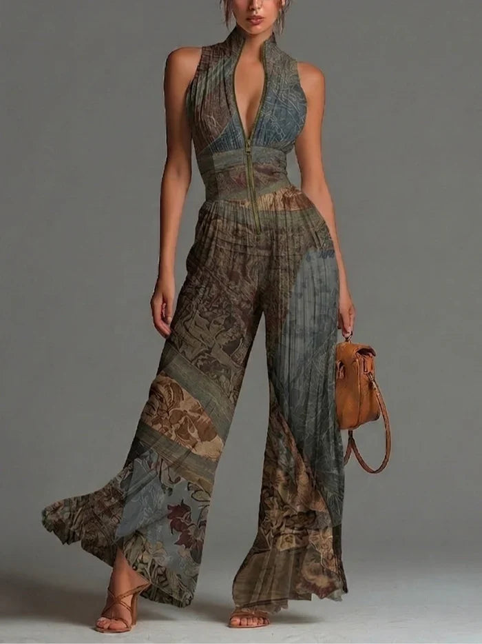 Mono de Chiffon sin Mangas con Estampado Étnico Bohemio, Cremallera y Pernera Ancha Plisada