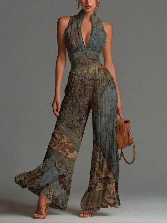 Mono de Chiffon sin Mangas con Estampado Étnico Bohemio, Cremallera y Pernera Ancha Plisada