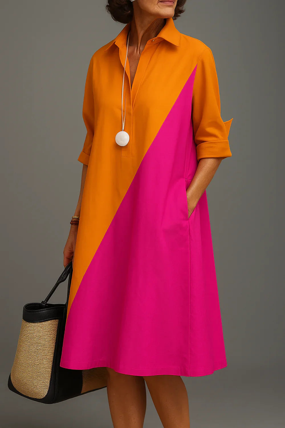 Vestido Midi Camisero Bicolor